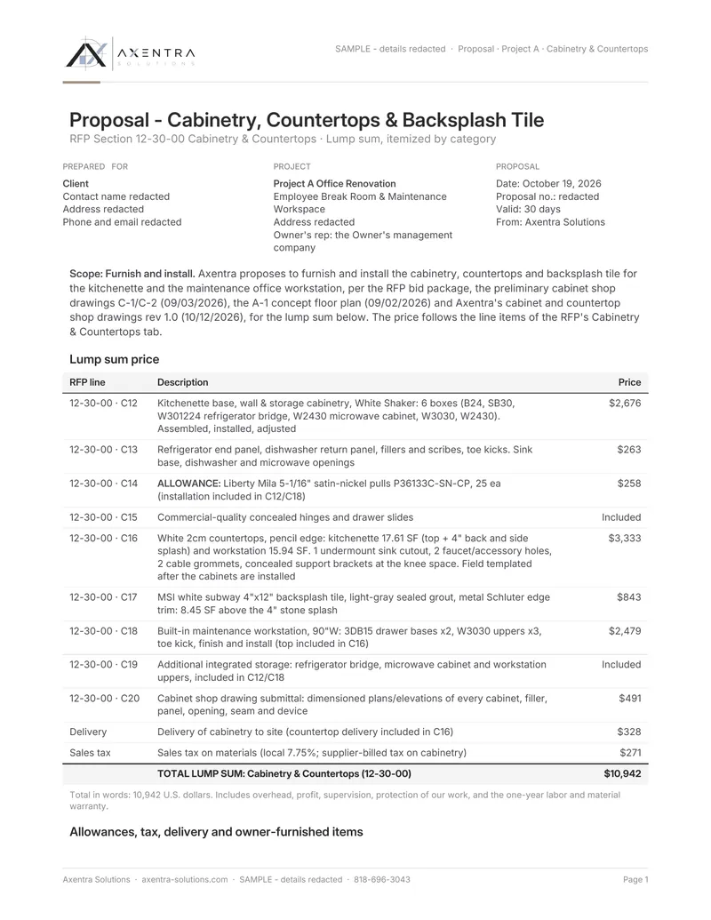 Sample itemized bid proposal for cabinetry, countertops and backsplash tile, details redacted
