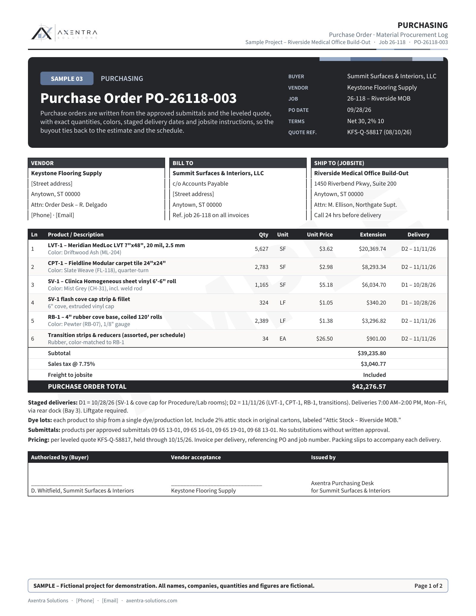 Sample purchase order and procurement log by job (fictional project)