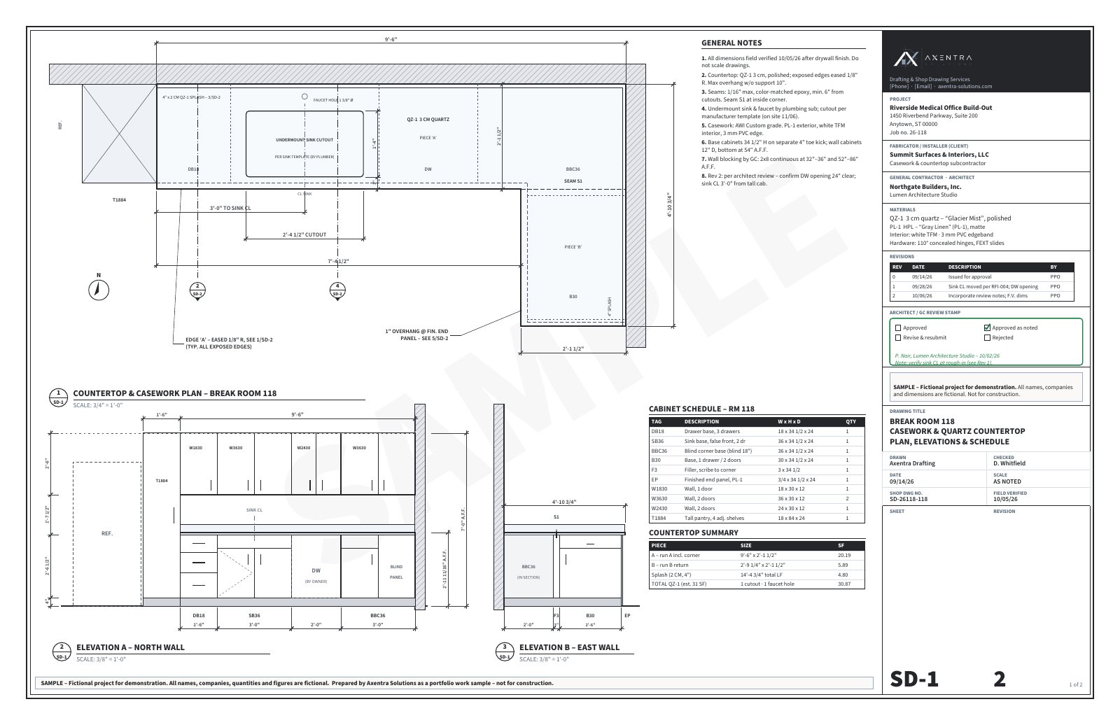 Sample casework and quartz shop drawing set (fictional project)