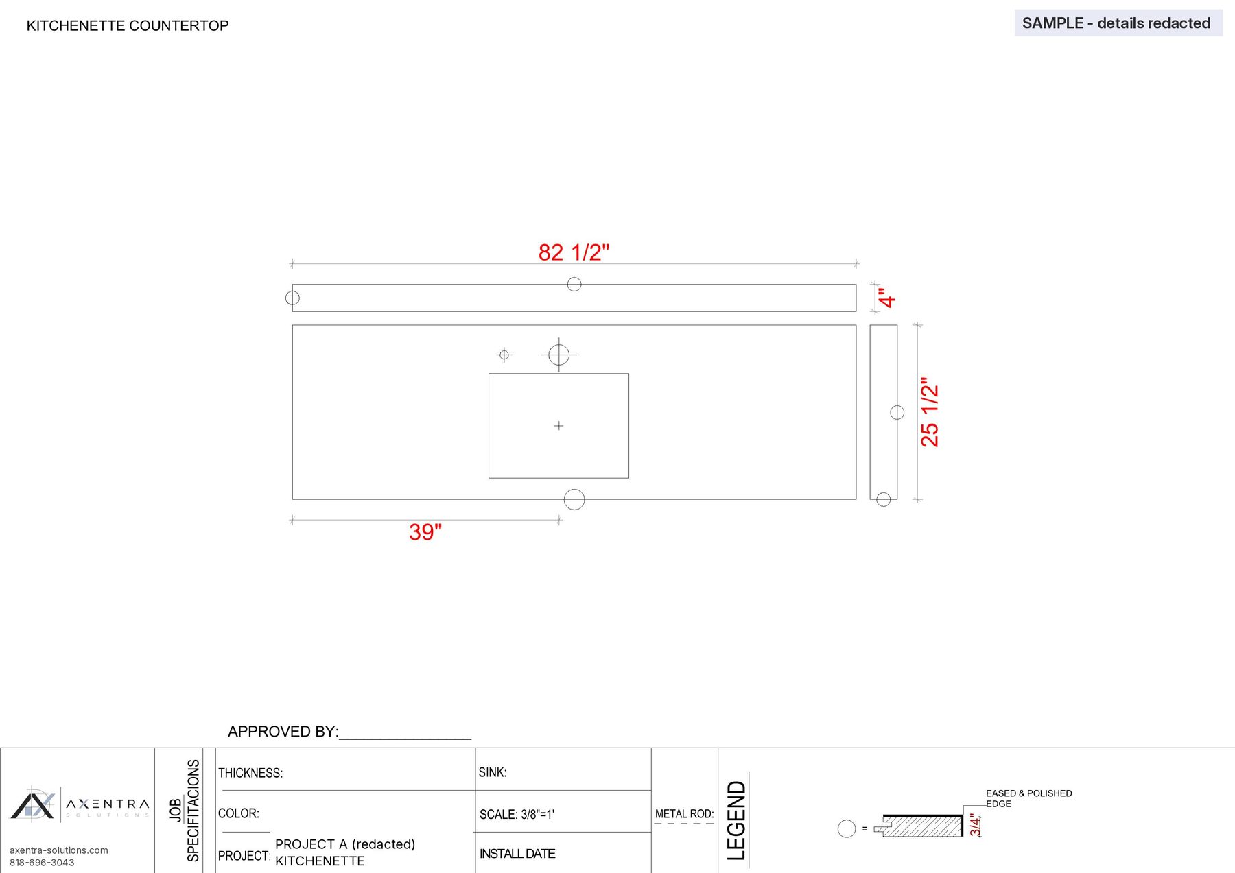 Sample countertop shop drawing showing seams and sink cutouts (sample project)
