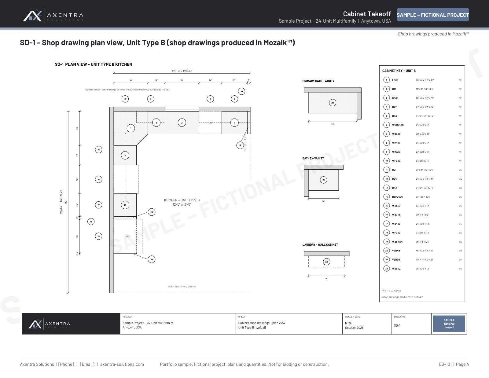 Sample cabinet shop drawing with elevations drawn in Mozaik (fictional project)